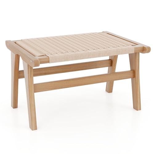 Natural Teak Wood Ottoman Footstool with Braided Rope, 14" H Y1770