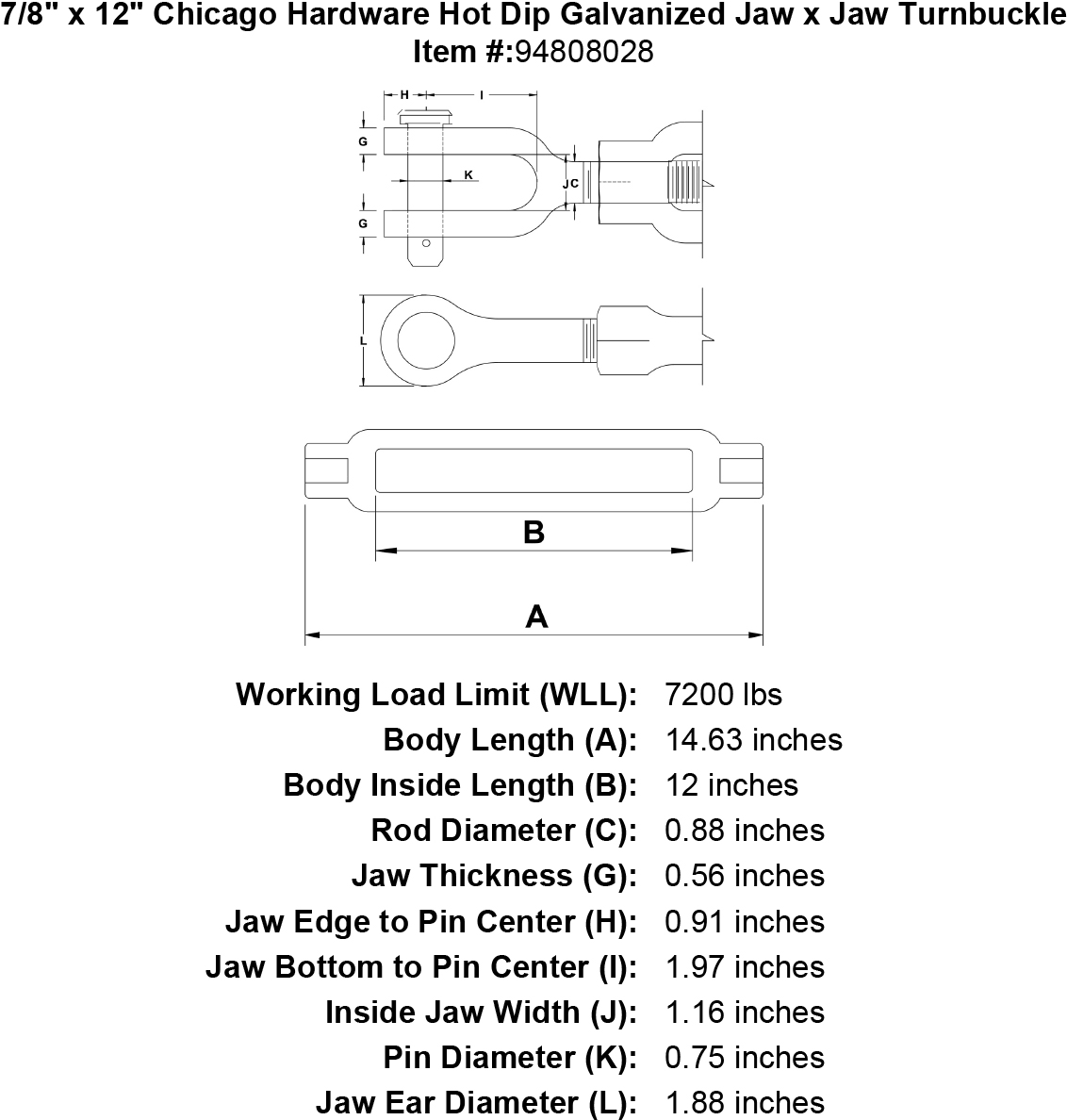 7/8 x 12 Hot Dip Galvanized Jaw x Jaw Turnbuckle J261