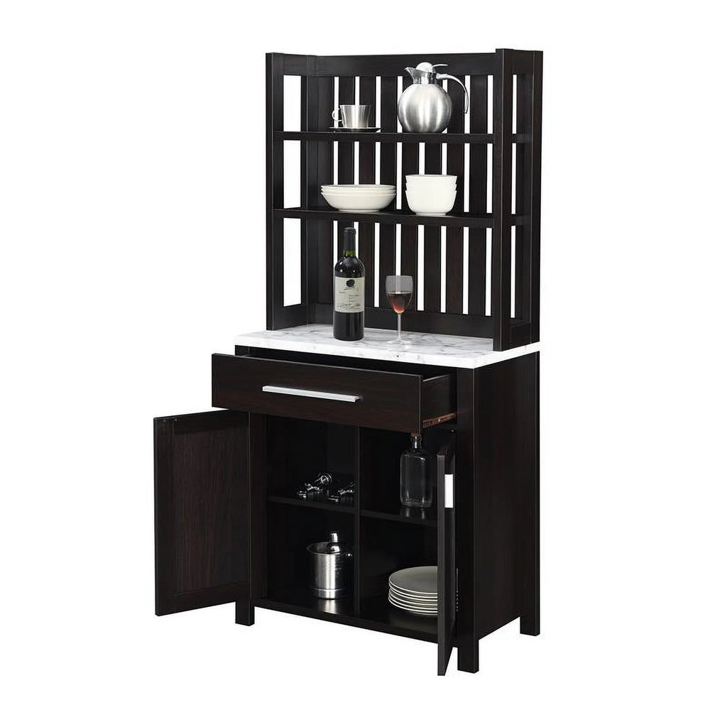 Espresso Wood Wine Bar with Cabinet and White Faux Marble Top B294333