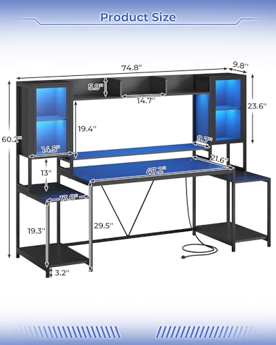 White 74.8'' Gaming Desk with LED Lights, Hutch and Storage Shelves K1985