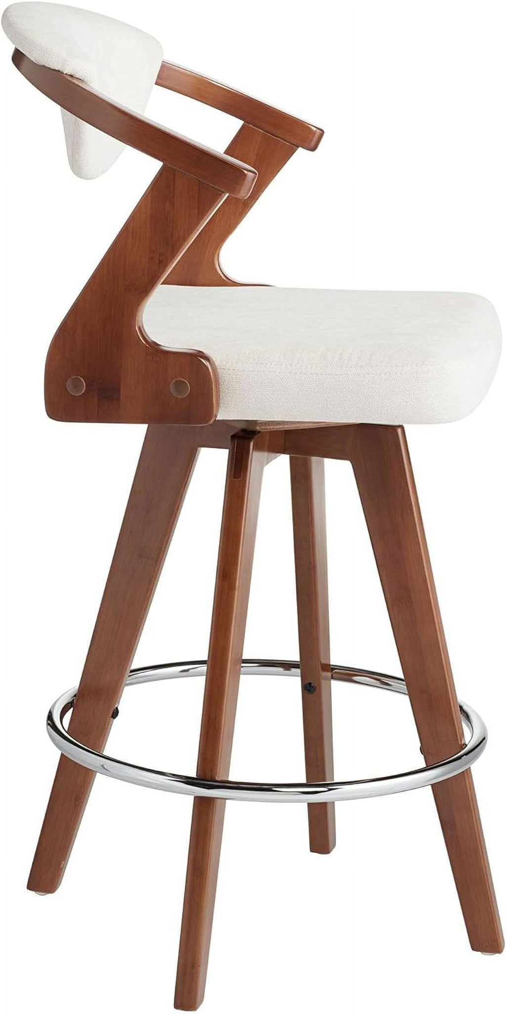 Walnut Bamboo Swivel Stool Brown 26 1/2" High Ivory Velvet Upholstered Cushion with Backrest Footrest N7811
