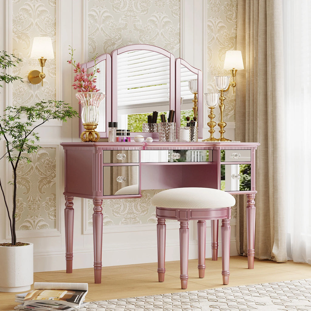 Pink Vanity Set with Tri-Fold Mirror and Stool S691912