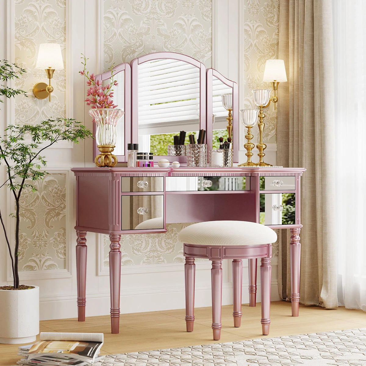 Pink Vanity Set with Tri-Fold Mirror and Stool S691912