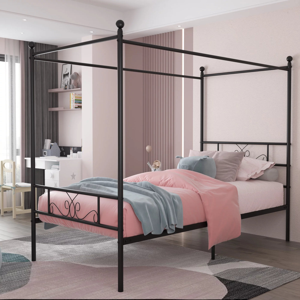 Twin Size 4-Post Canopy Bed Frame Metal Platform with Headboard Footboard Black P960560