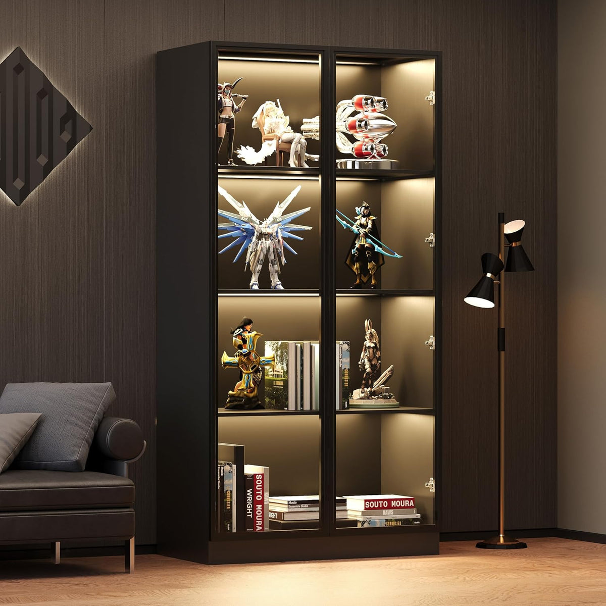 Black 4-Tier Display Cabinet with Glass Doors and Lights F679