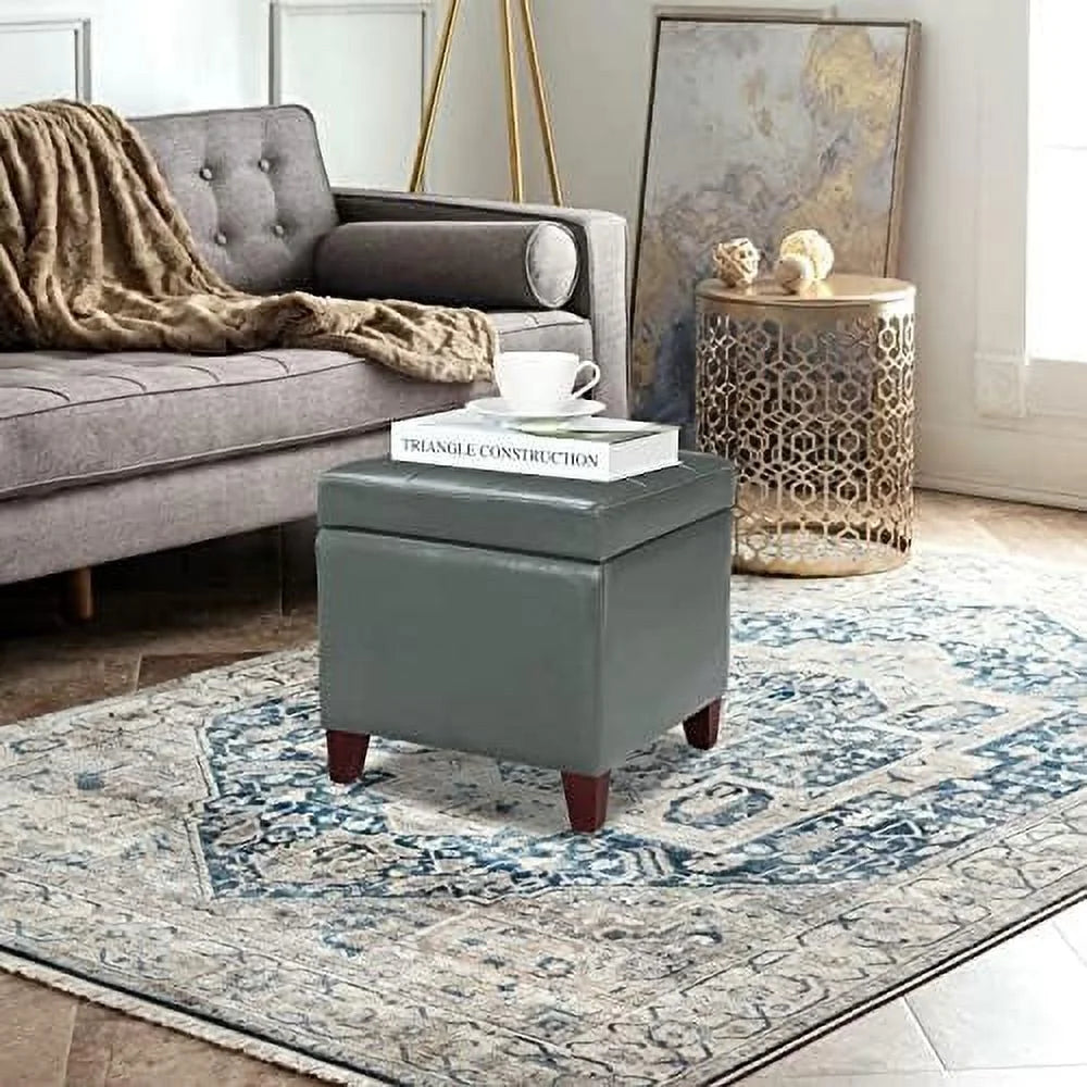 PU Bonded Leather Tufted Cube Ottoman with Hinged Lid U809364
