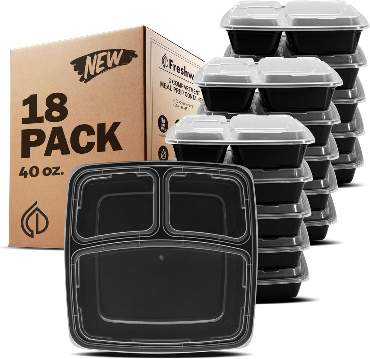 20 Count 3 Compartment BPA Free Food Containers with Lids V616
