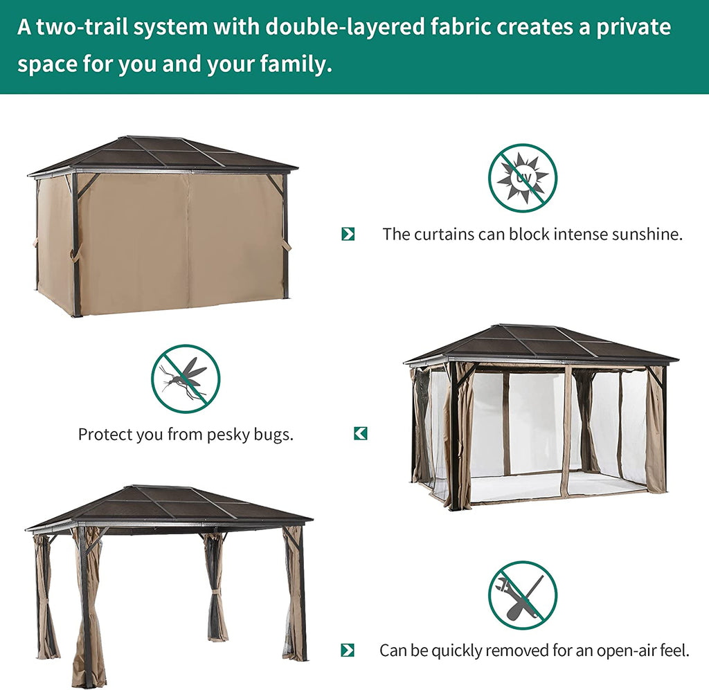 10x12 ft Gazebo Hardtop Outdoor Canopy with Netting and Shaded Curtains, Aluminum Frame Polycarbonate Hardtop F176