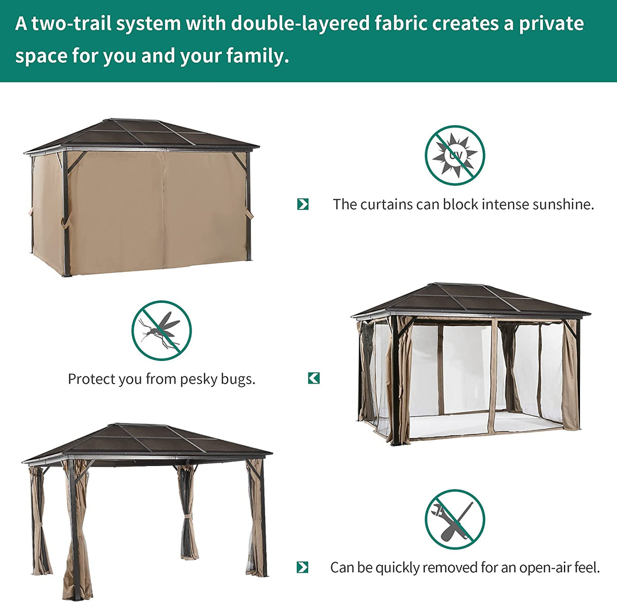 10x12 ft Gazebo Hardtop Outdoor Canopy with Netting and Shaded Curtains, Aluminum Frame Polycarbonate Hardtop F176