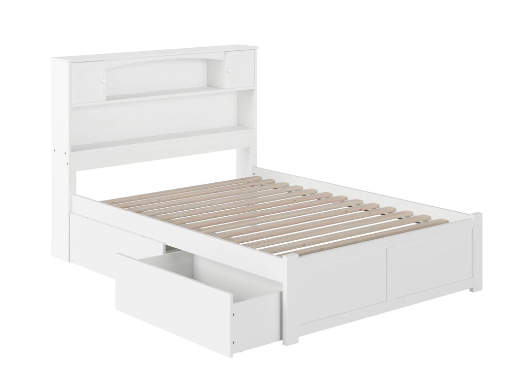 White Solid Wood Platform Bed with Footboard & 2 Storage Drawers G3696