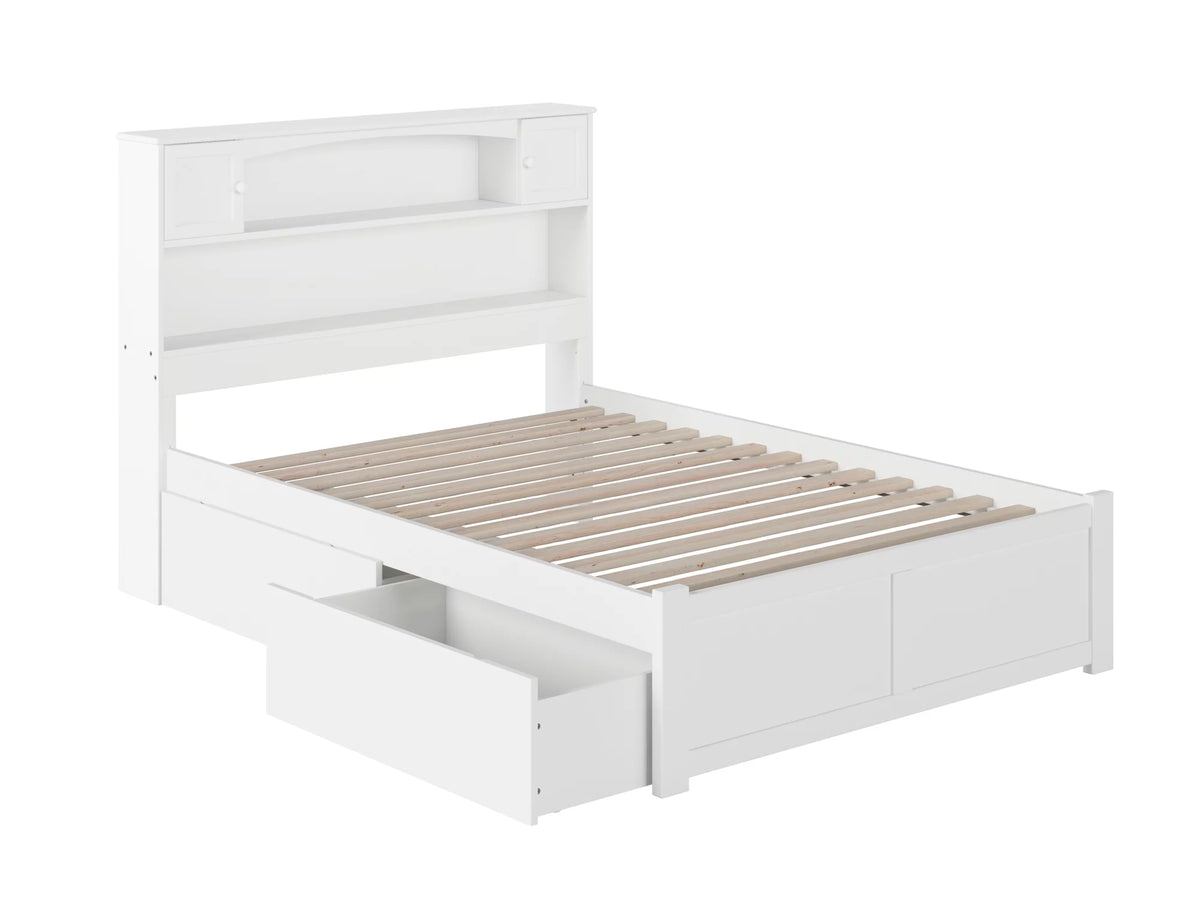 White Solid Wood Platform Bed with Footboard & 2 Storage Drawers G3696