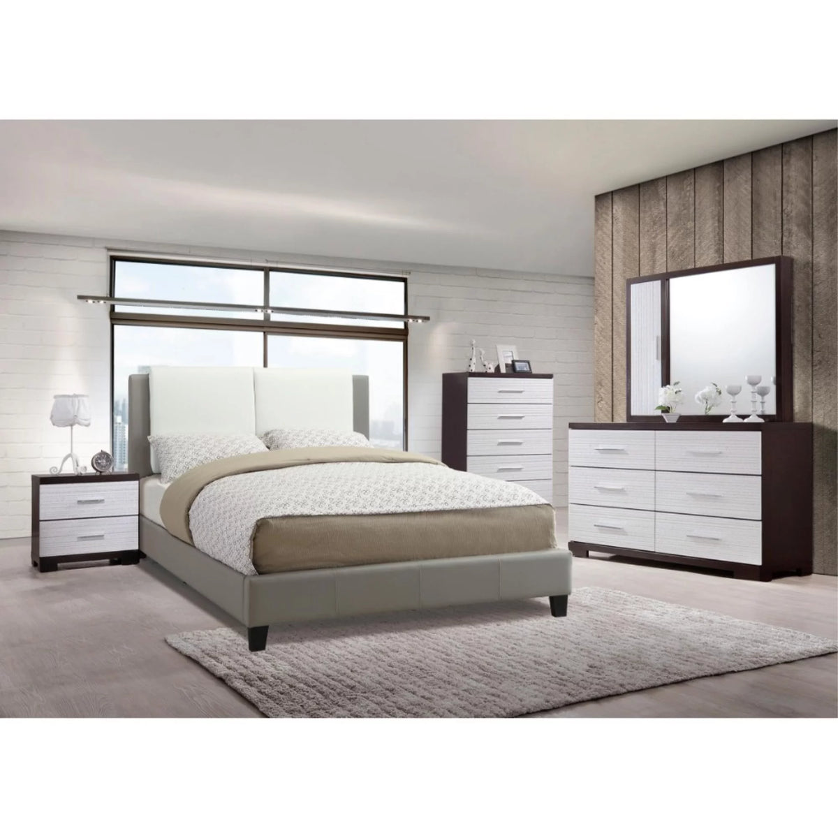 Wooden King Bed with White PU Headboard L569201