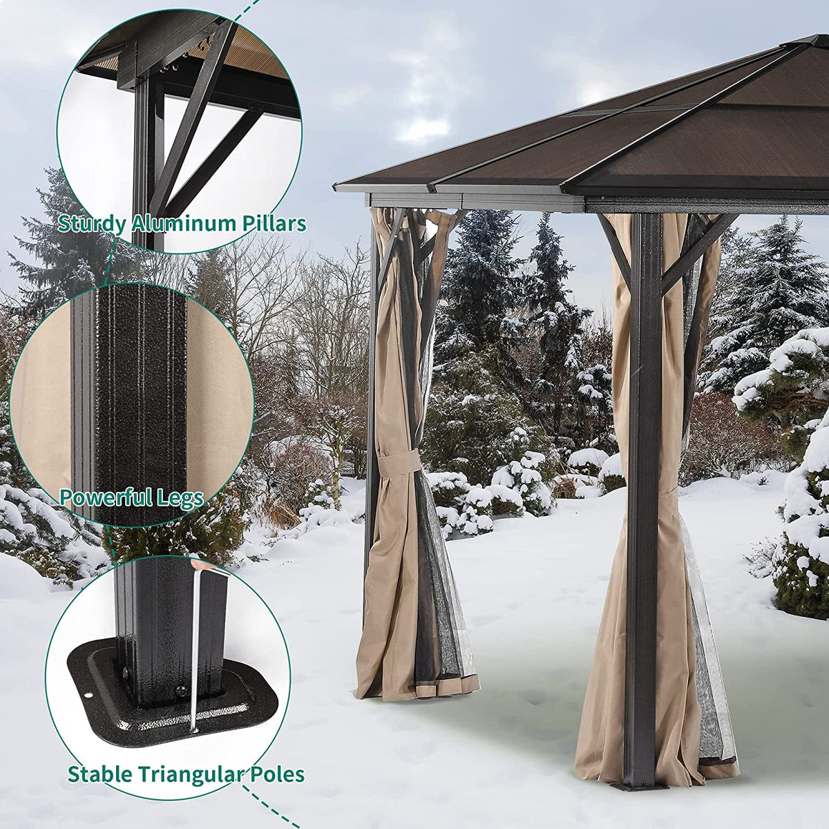 10x12 ft Gazebo Hardtop Outdoor Canopy with Netting and Shaded Curtains, Aluminum Frame Polycarbonate Hardtop F176