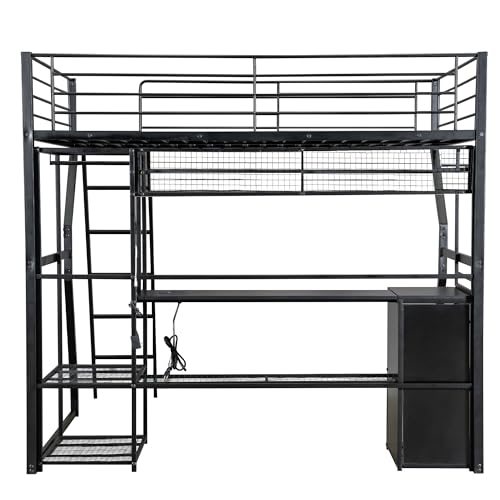 Full Size Black Metal Loft Bed with Desk and Shelves P35328