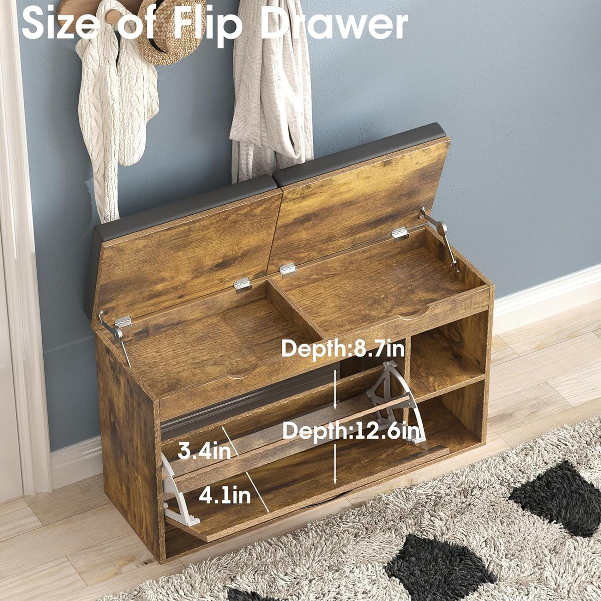 Rustic Brown Shoe Storage Bench with Flip Drawer C573632