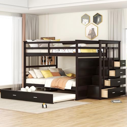 Full Over Full Wooden Bunk Bed with Trundle and Staircase Y192