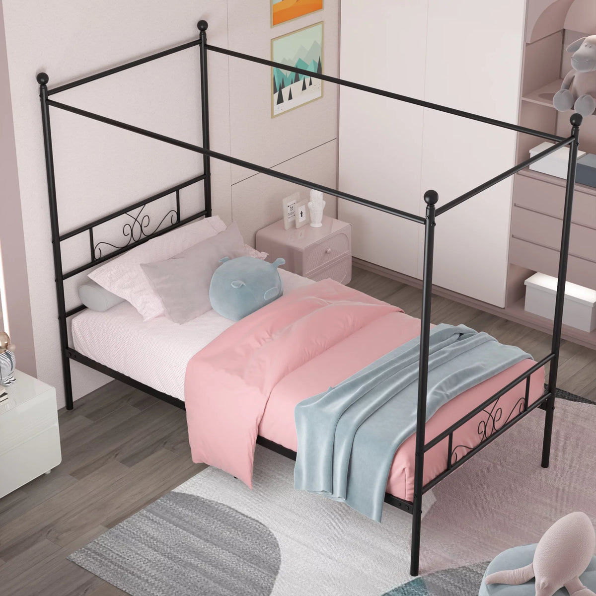 Twin Size 4-Post Canopy Bed Frame Metal Platform with Headboard Footboard Black P960560