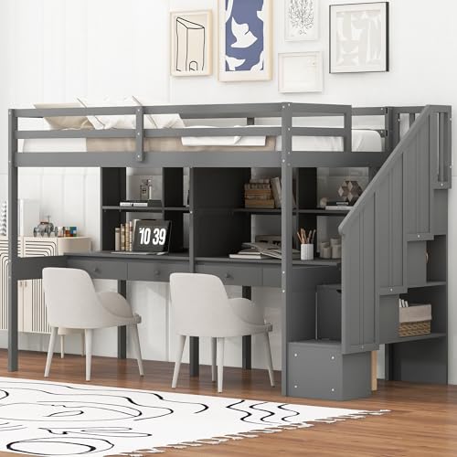 Gray Full Size Wood Loft Bed with Desk, Wardrobe and Three Storage Drawers M195290