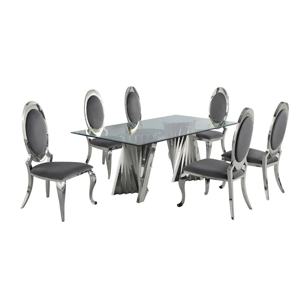 Clear Glass Dining Set with 6 Gray Velvet Chairs Y269