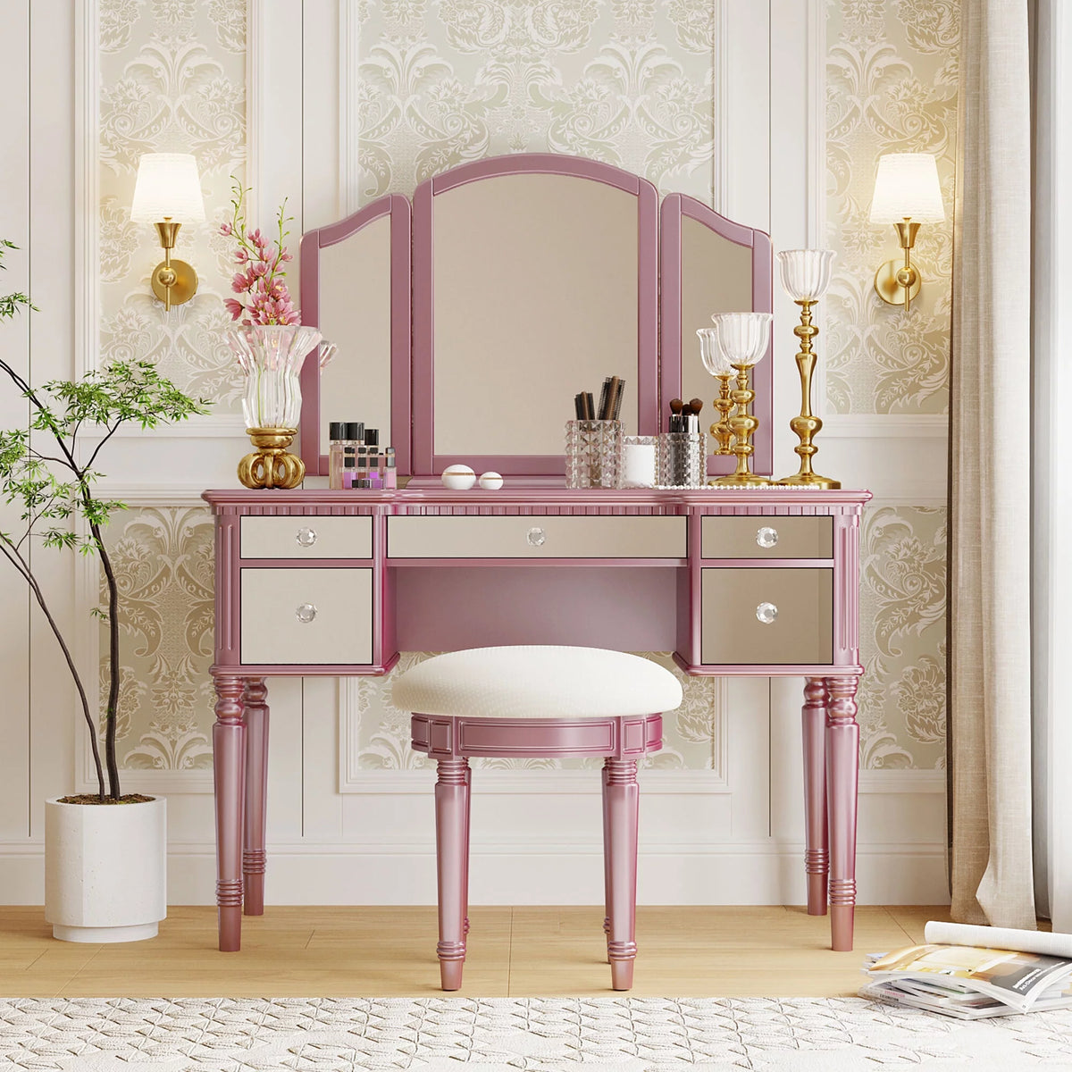 Pink Vanity Set with Tri-Fold Mirror and Stool S691912