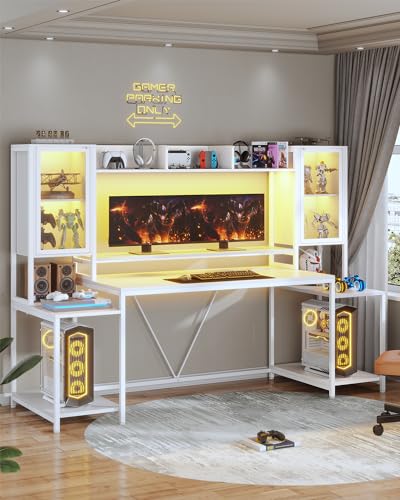 White 74.8'' Gaming Desk with LED Lights, Hutch and Storage Shelves K1985
