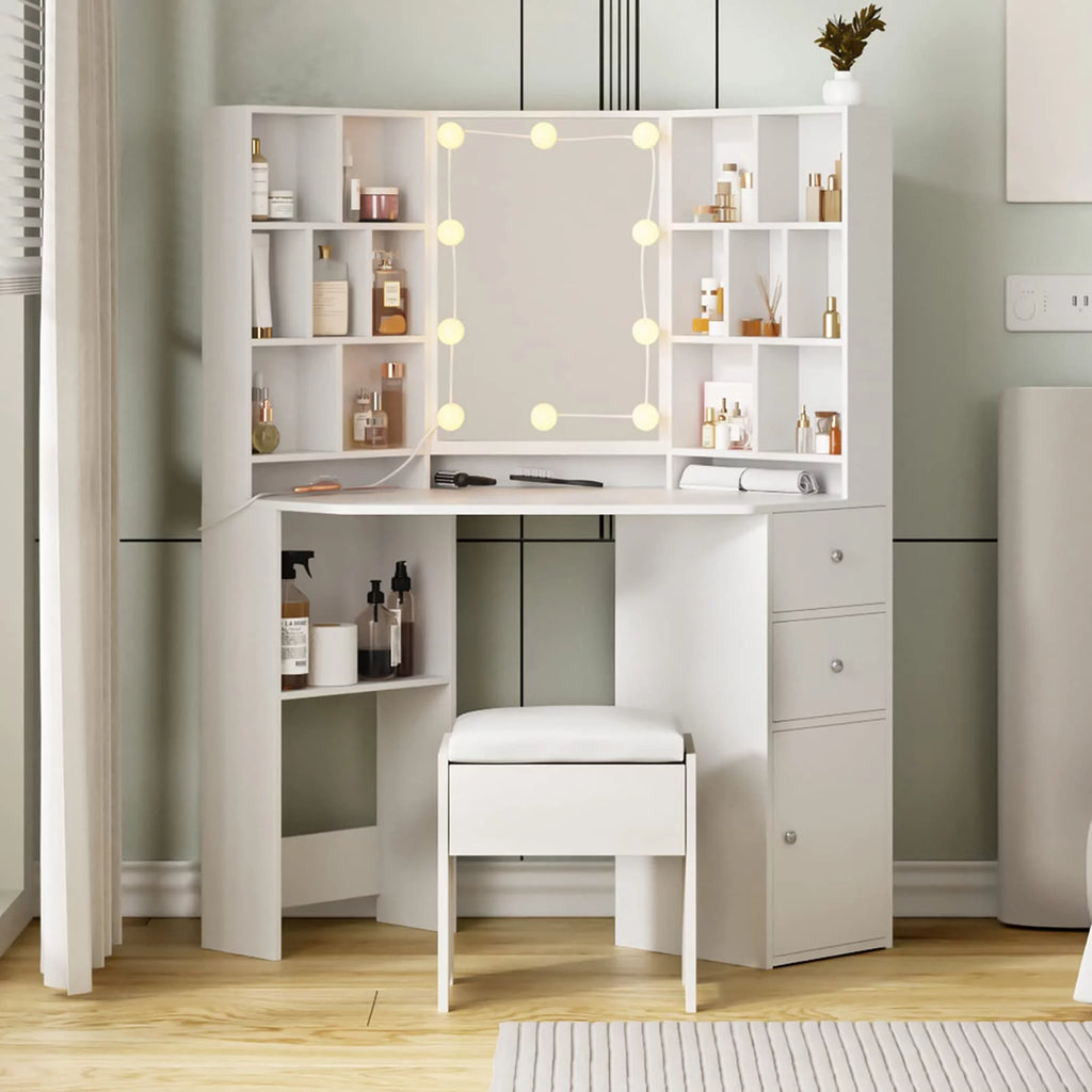 Corner Vanity Table Set with Lighted Mirror, Cushioned Stool, White T307