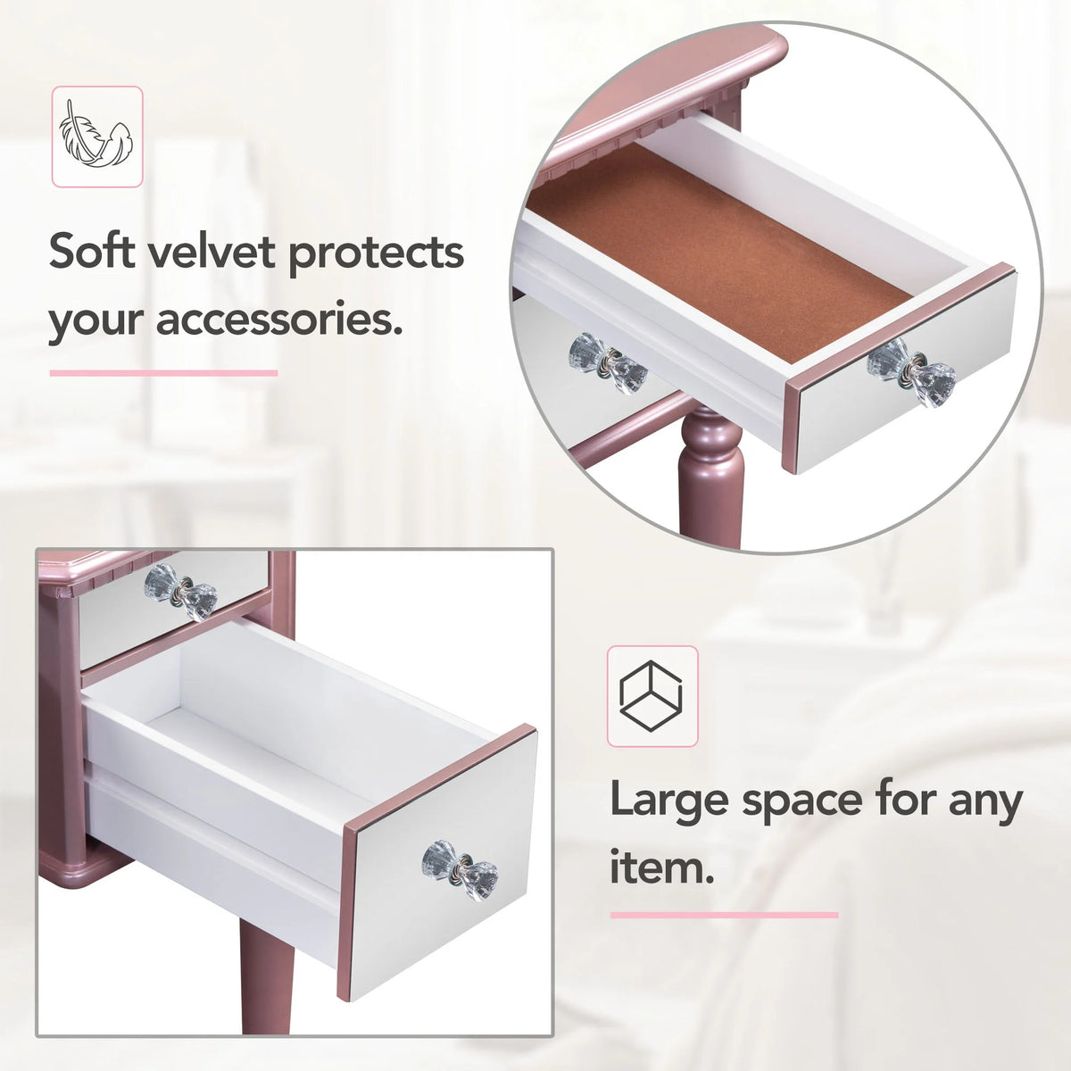 Pink Vanity Set with Tri-Fold Mirror and Stool S691912