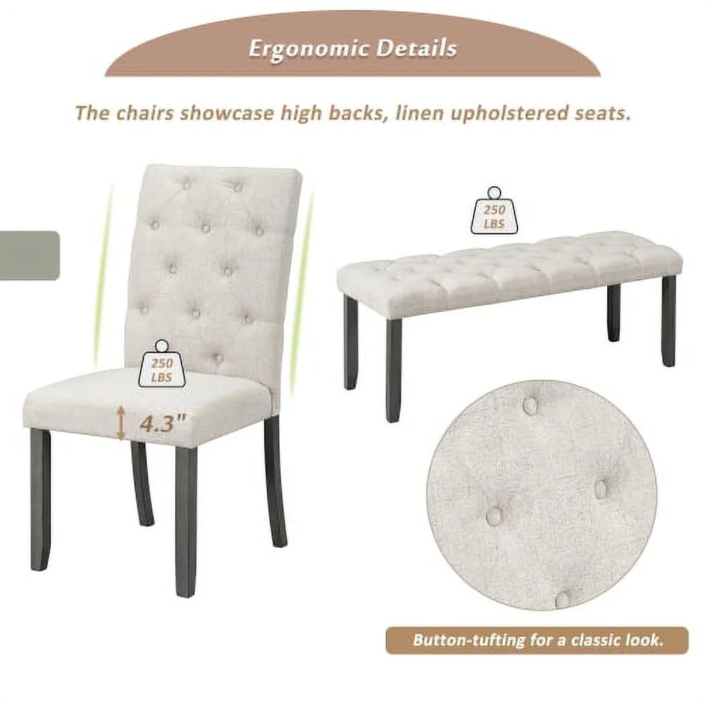 6 Piece Farmhouse Dining Table Set with 4 Upholstered Chairs and Bench S893726