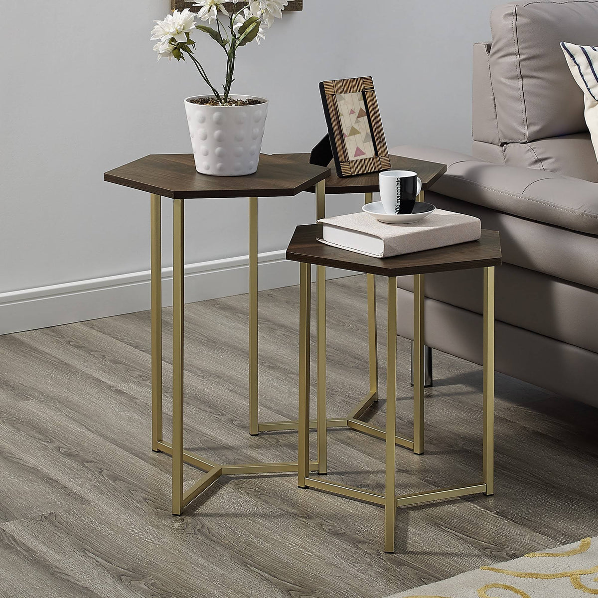 Set of 3 Geometric Nesting Accent Tables Dark Walnut/Gold Z2574