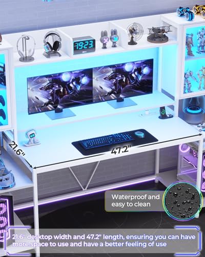White 74.8'' Gaming Desk with LED Lights, Hutch and Storage Shelves K1985