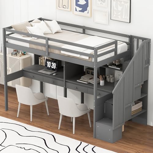 Gray Full Size Wood Loft Bed with Desk, Wardrobe and Three Storage Drawers M195290