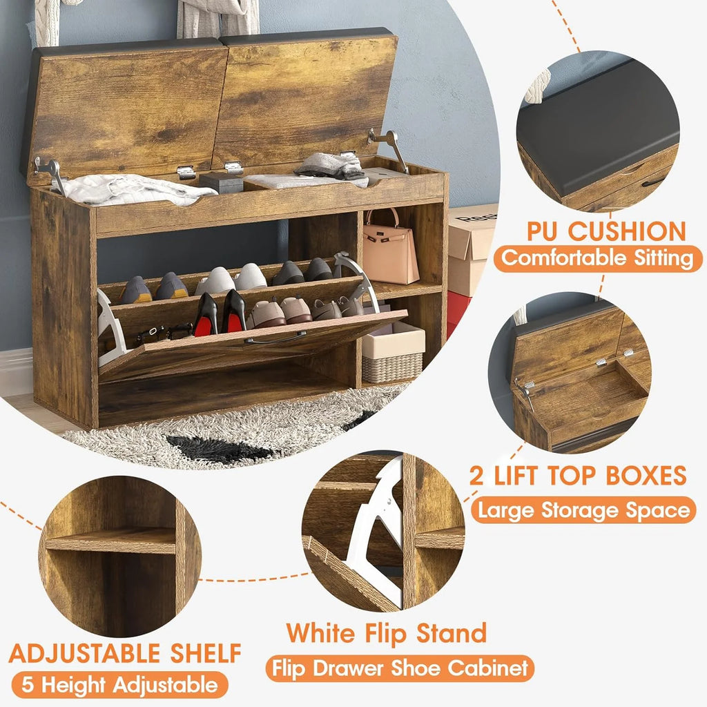 Rustic Brown Shoe Storage Bench with Flip Drawer C573632