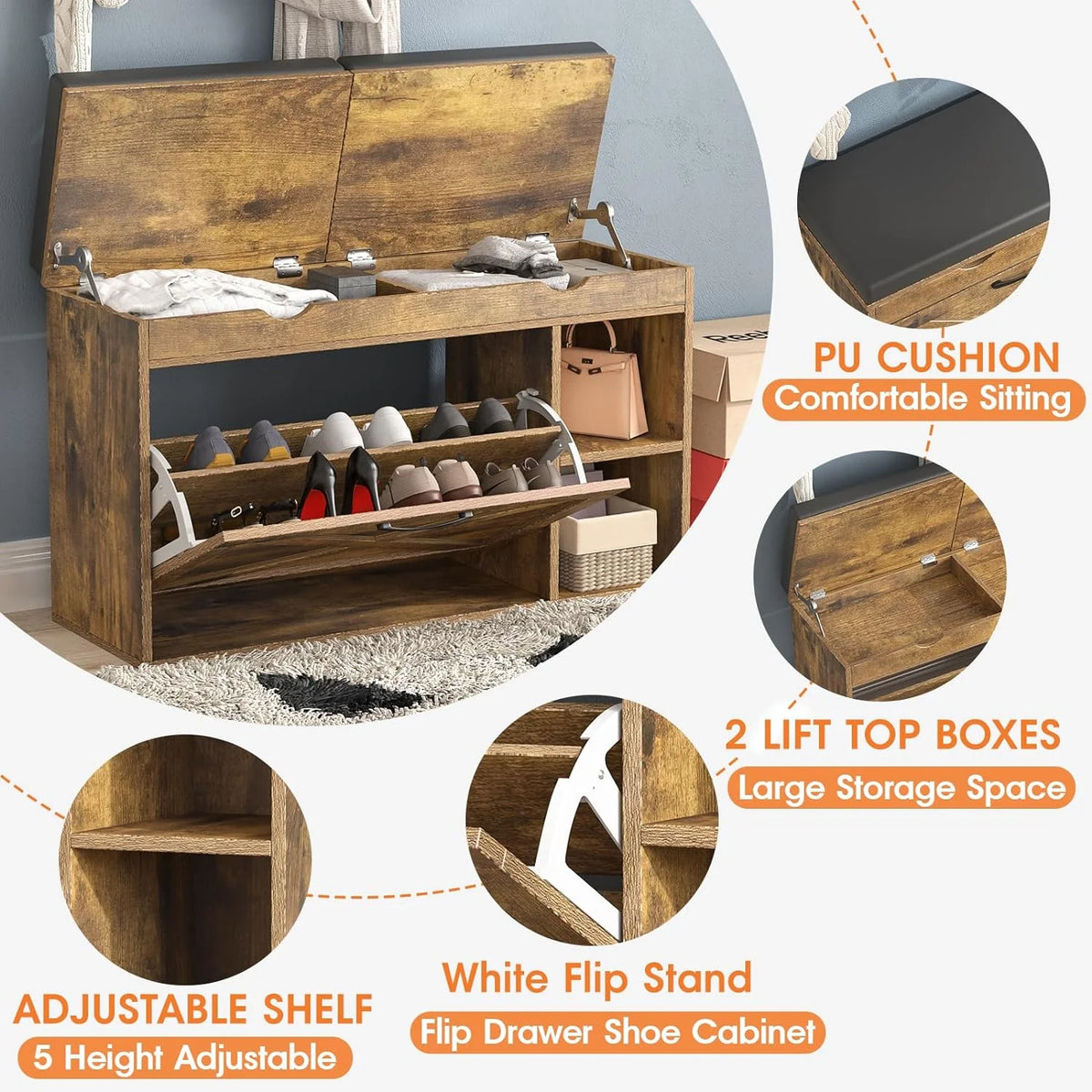 Rustic Brown Shoe Storage Bench with Flip Drawer C573632