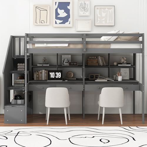 Gray Full Size Wood Loft Bed with Desk, Wardrobe and Three Storage Drawers M195290