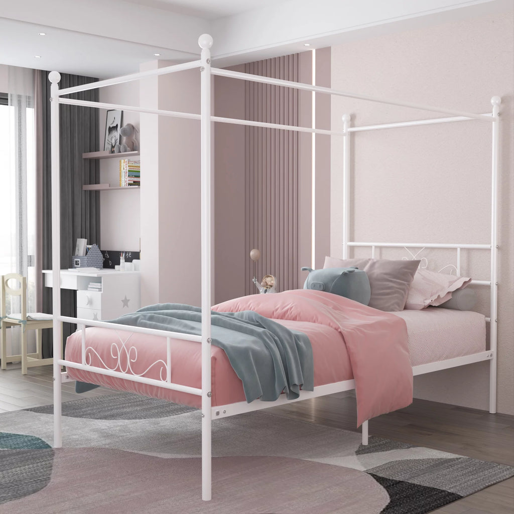 Twin Size 4-Post Canopy Bed Frame Metal Platform with Headboard Footboard Black P960560