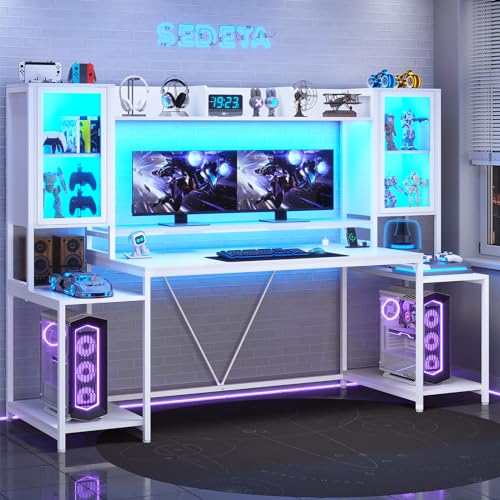 White 74.8'' Gaming Desk with LED Lights, Hutch and Storage Shelves K1985