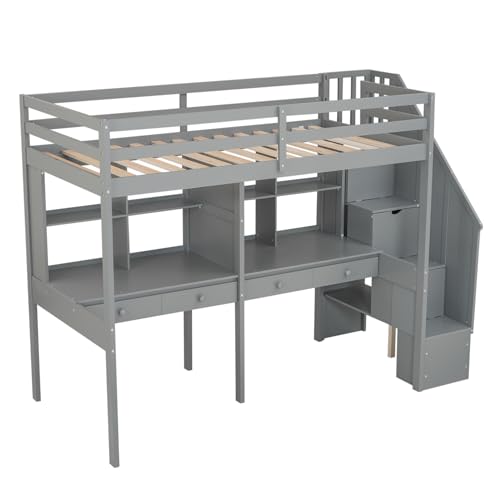 Gray Full Size Wood Loft Bed with Desk, Wardrobe and Three Storage Drawers M195290