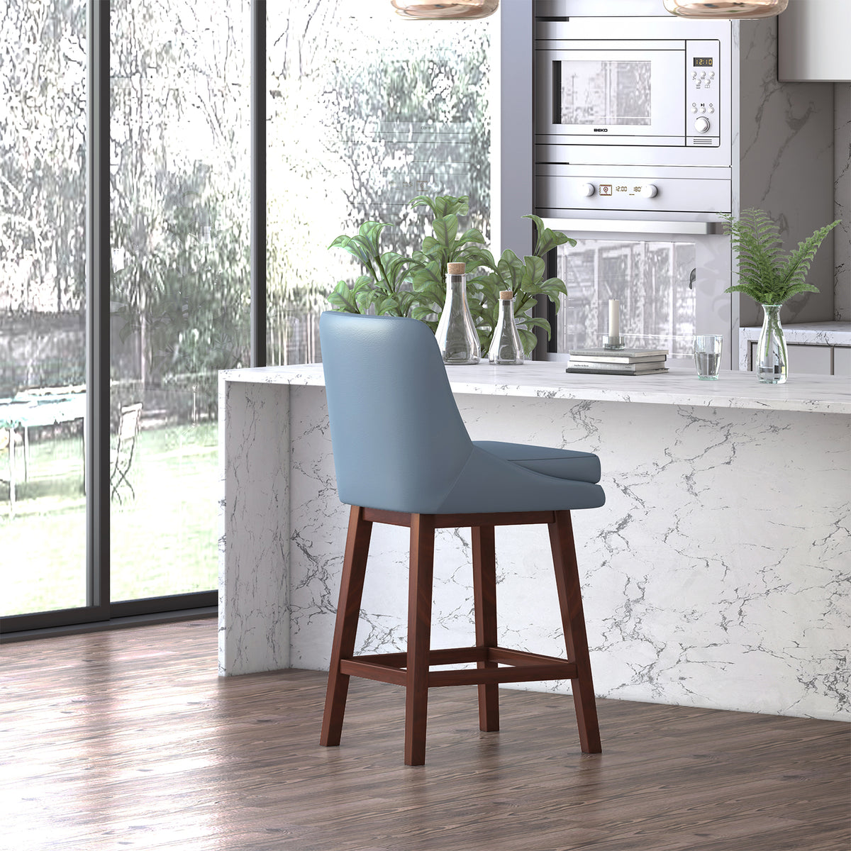 26" Counter Height Bar Stools, Solid Wood Faux Leather, Dark Blue Set of 4 L751