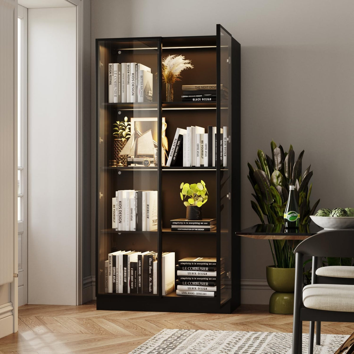 Black 4-Tier Display Cabinet with Glass Doors and Lights F679