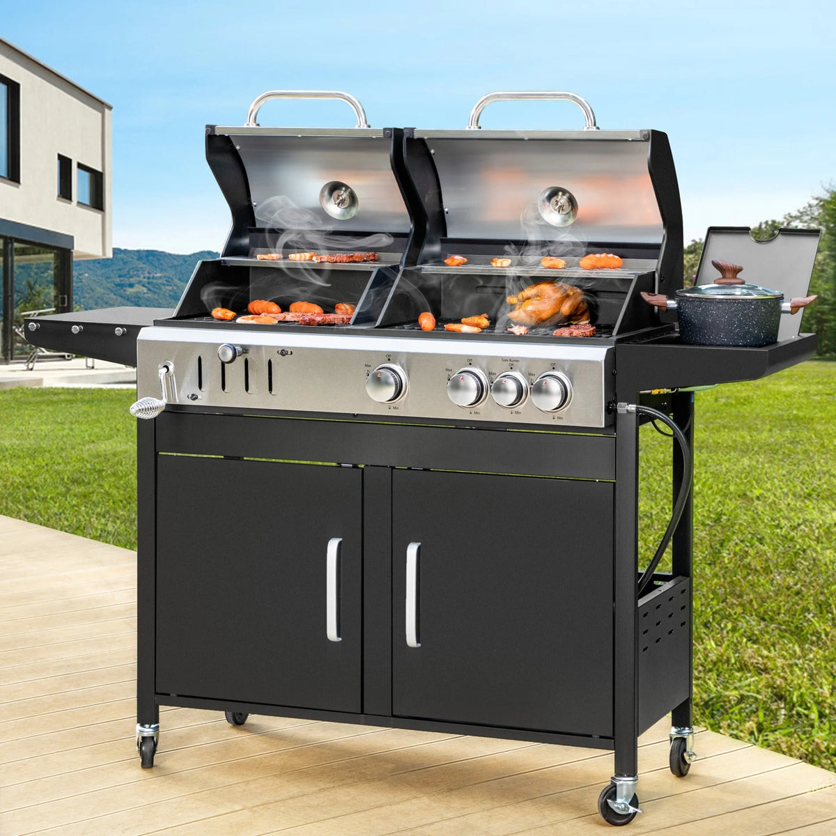 Dual Fuel Gas and Charcoal Grill Combo with Side Burner V23909