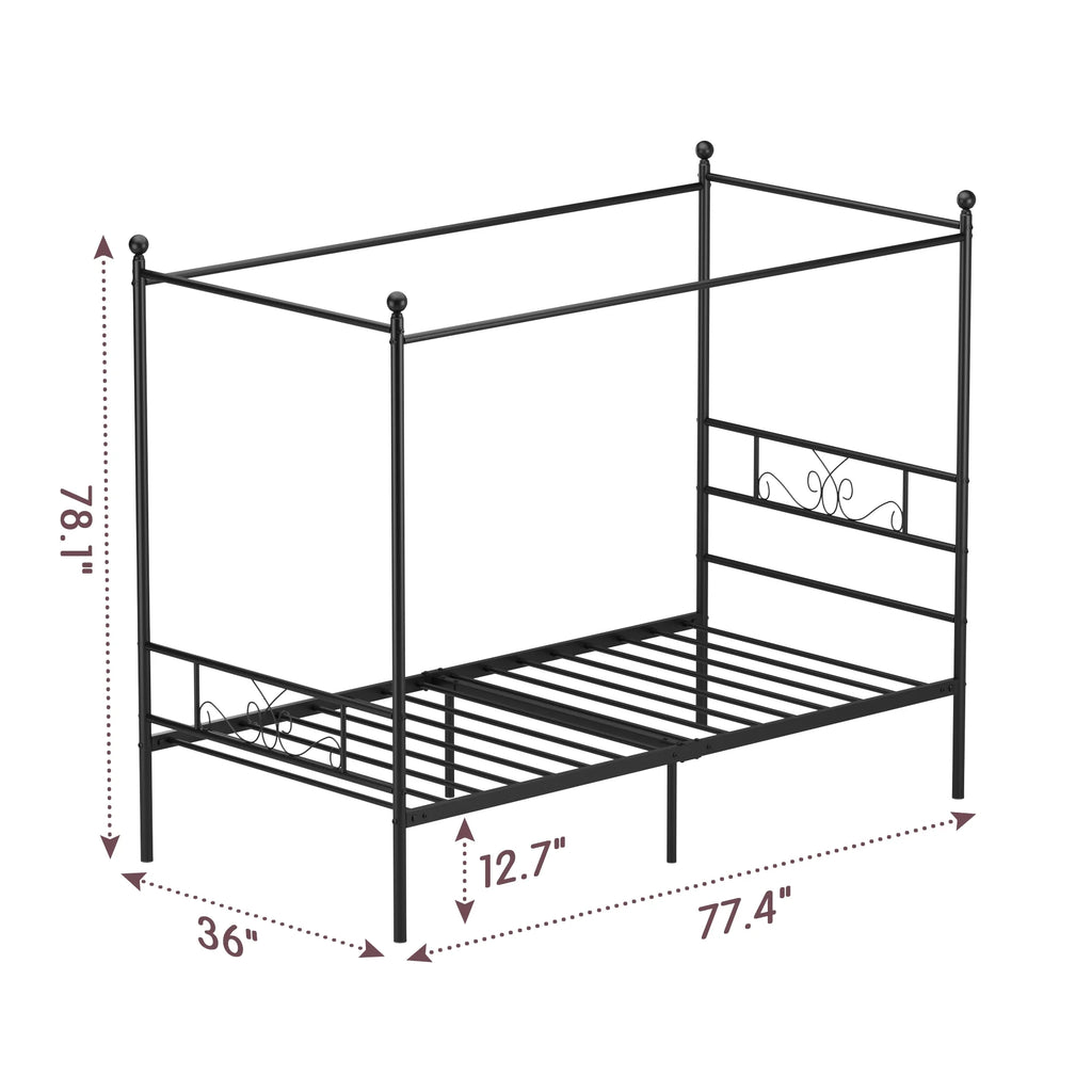 Twin Size 4-Post Canopy Bed Frame Metal Platform with Headboard Footboard Black P960560