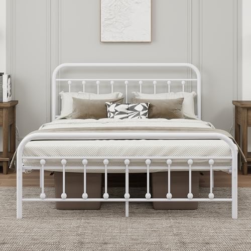 White Metal Full Size Bed Frame with Headboard Footboard O873