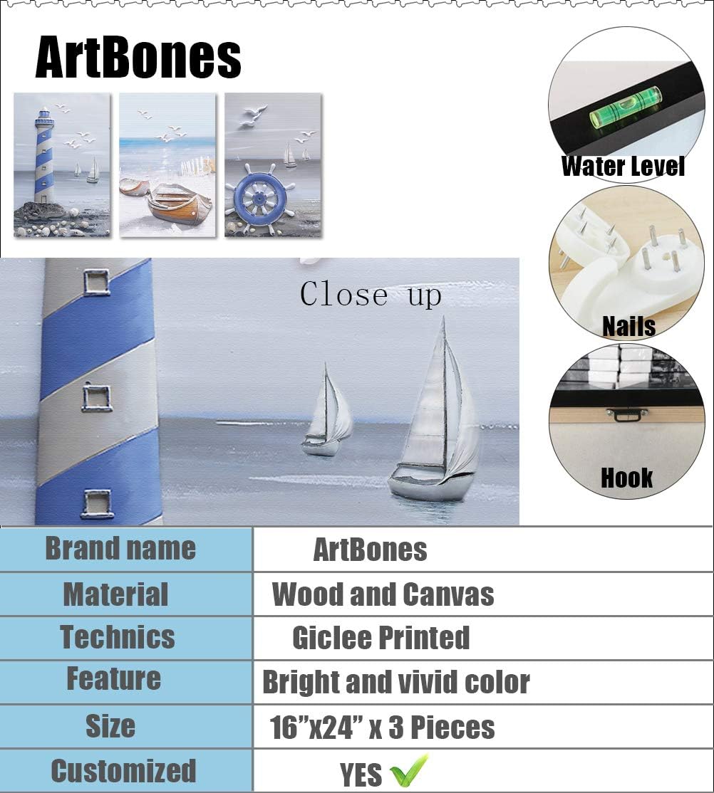 Coastal Beach Lighthouse Sailboat Painting 16x24x3 Panels B61228