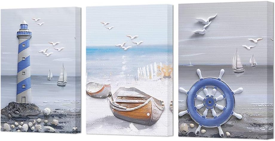 Coastal Beach Lighthouse Sailboat Painting 16x24x3 Panels B61228