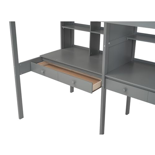 Gray Full Size Wood Loft Bed with Desk, Wardrobe and Three Storage Drawers M195290
