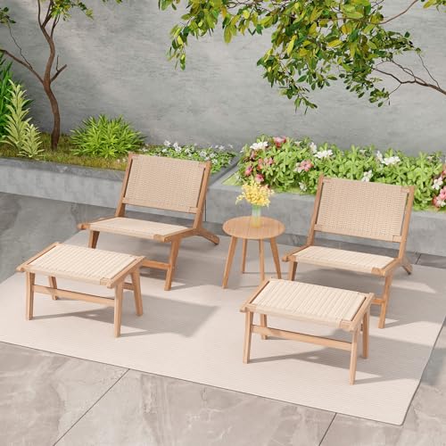 Natural Teak Wood Ottoman Footstool with Braided Rope, 14" H Y1770