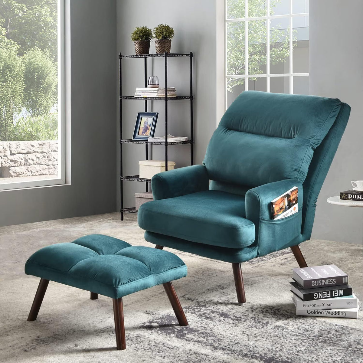 Green Velvet Accent Chair with Ottoman F965