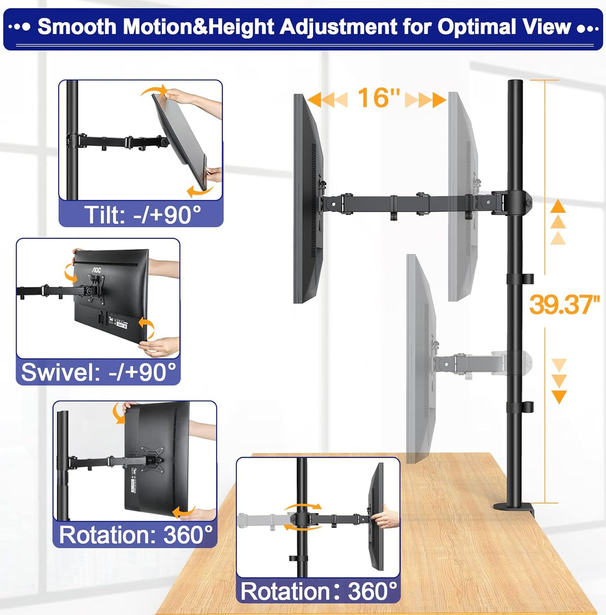 Single Monitor Mount 13-35 Inch, 39 Inch Tall, Fully Adjustable Arm, Pack of 2 J711