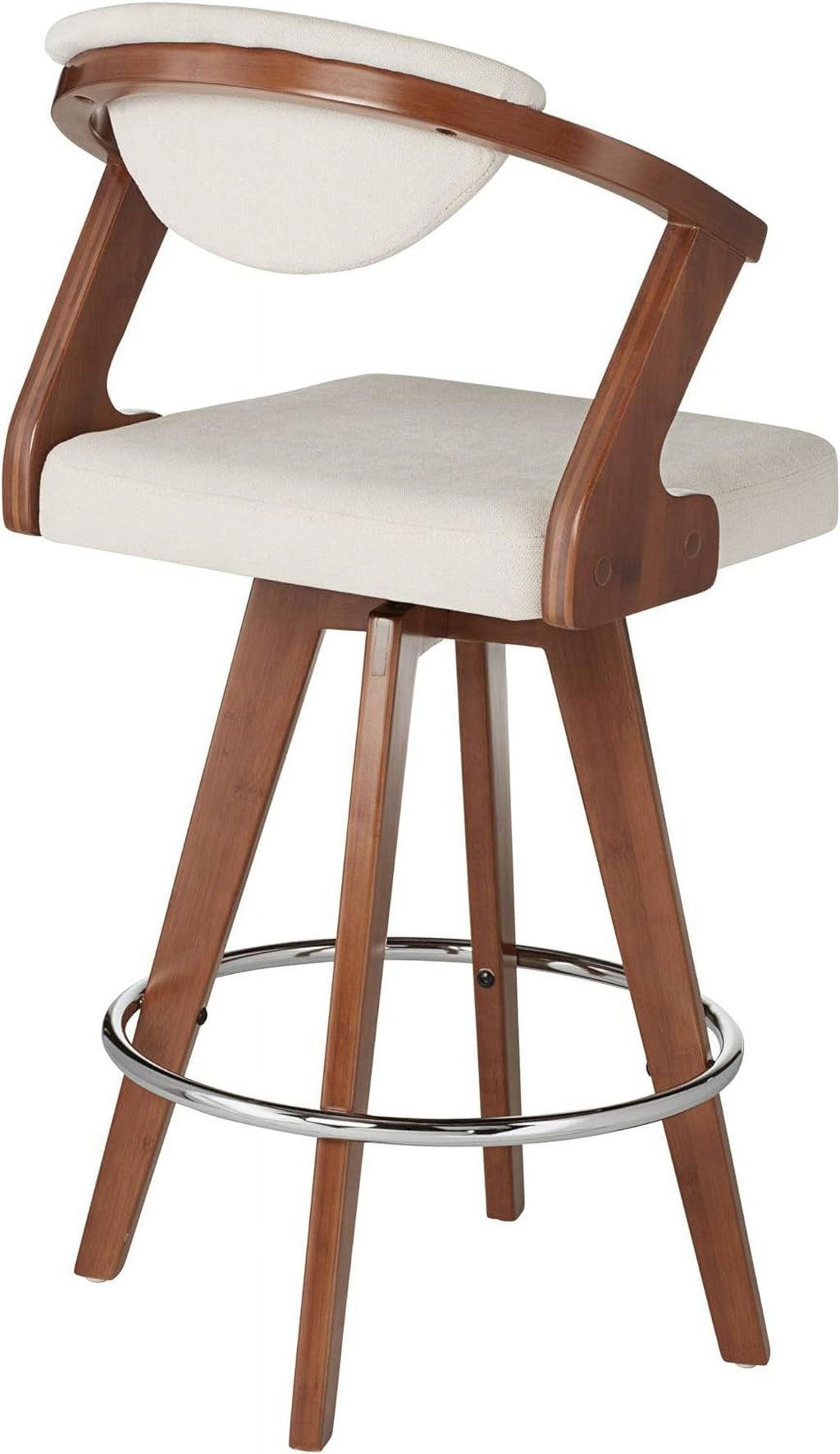 Walnut Bamboo Swivel Stool Brown 26 1/2" High Ivory Velvet Upholstered Cushion with Backrest Footrest N7811