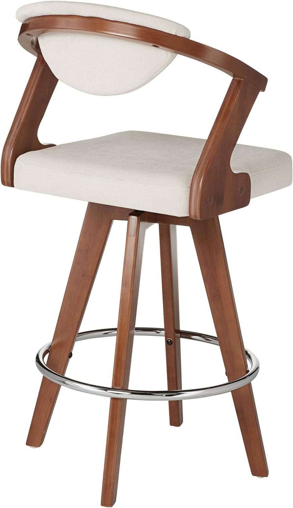 Walnut Bamboo Swivel Stool Brown 26 1/2" High Ivory Velvet Upholstered Cushion with Backrest Footrest N7811